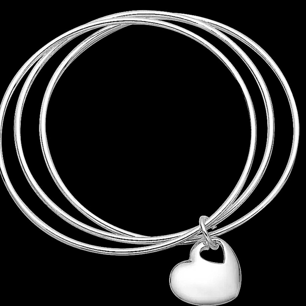 Sterling Silver Stackable Minimalist Heart Charm Three Piece Bangle Bracelet - Picture 3 of 6